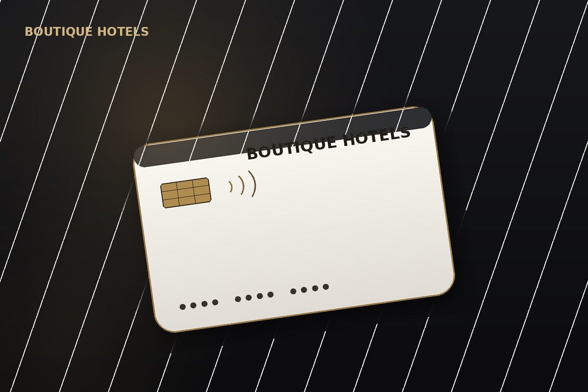 Gold foil-stamped hotel key card for a boutique hotel front desk
